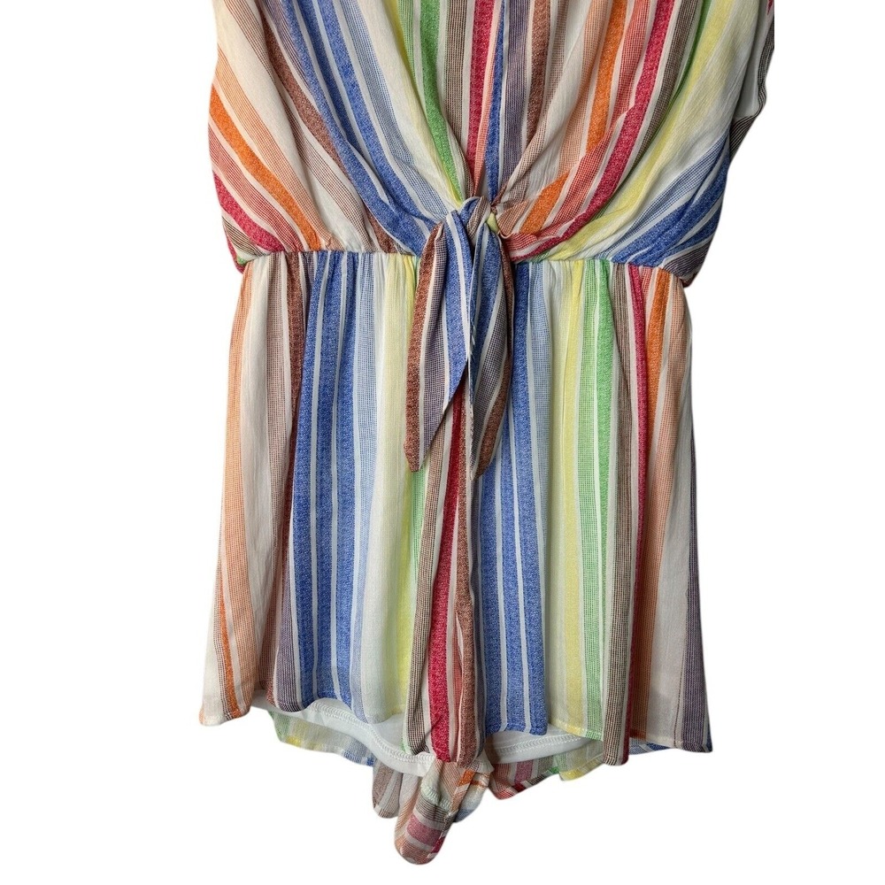 She + Sky Romper Size L Multicolor Rainbow Striped Short Sleeve Open Back V-Neck - Picture 4 of 11